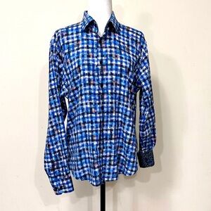 LN Visconti Black Men's Plaid Long Sleeve Black Lace Fold Cuff Button Up Shirt L